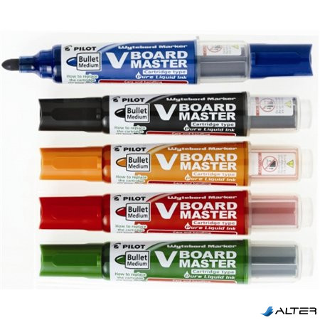 Táblamarker készlet, 2,3 mm, kúpos, tartóval és szivaccsal, PILOT "V-Board Master", 5 különböző szín