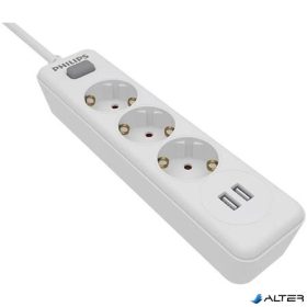   Elosztósor, 3 csatlakozóaljzat, 2xUSB-A, 2 m kábel, PHILIPS, fehér