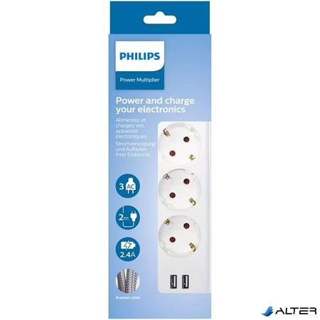 Elosztósor, 3 csatlakozóaljzat, 2xUSB-A, 2 m kábel, PHILIPS, fehér