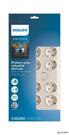 Elosztósor, 8 csatlakozóaljzat, túlfeszültség-védelemmel, 2 m kábel, PHILIPS, fehér