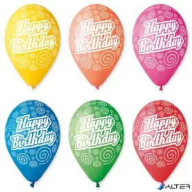 Léggömb, 30 cm, 'Happy Birthday', körkörös