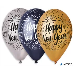   Léggömb, 33 cm, 'Happy New Year', 3 különböző szín