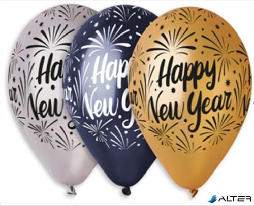 Léggömb, 33 cm, "Happy New Year", 3 különböző szín