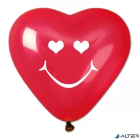 Léggömb, 40 cm, szív alakú, smiley, piros