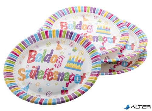Tányér, papír, 23 cm, 'Boldog születésnapot'