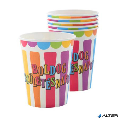 Pohár, papír, 2,5 dl, 'Boldog születésnapot', csíkos-pöttyös
