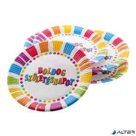   Tányér, papír, 23 cm, 'Boldog születésnapot', csíkos-pöttyös