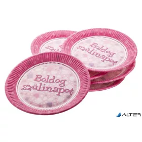   Tányér, papír, 23 cm, "Boldog Születésnapot", rózsaszín