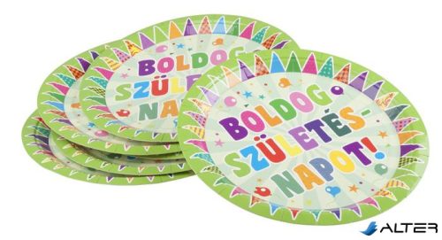 Tányér, papír, 23 cm, 'Boldog születésnapot', zászlós