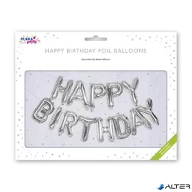   Léggömb, 40 cm, PUKKA PAD 'Happy Birthday', ezüst