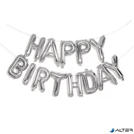 Léggömb, 40 cm, PUKKA PAD 'Happy Birthday', ezüst