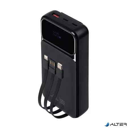 Power bank, beépített kábellel, 20.000mAh, RIVACASE "VA2221", fekete