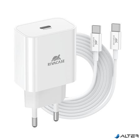 Hálózati töltő, 20W, USB-C, USB-C, USB-C/USB-C töltőkábel, RIVACASE "PS4101", fehér