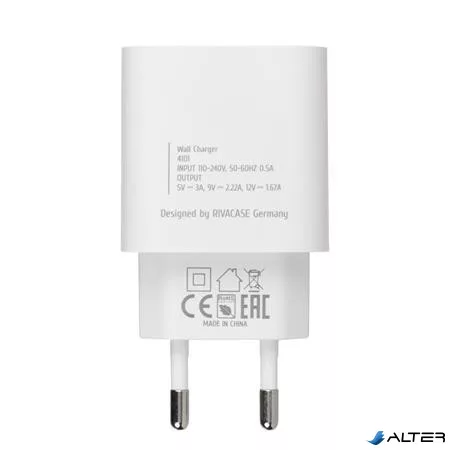 Hálózati töltő, 20W, USB-C, USB-C, USB-C/USB-C töltőkábel, RIVACASE 'PS4101', fehér