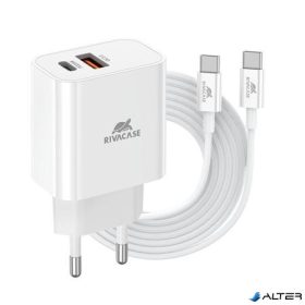   Hálózati töltő, 20W, USB-A és USB-C, USB-C, USB-C/USB-C töltőkábel, RIVACASE 'PS4102', fehér