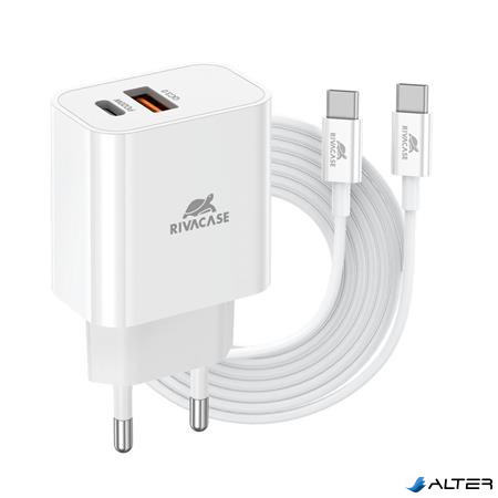 Hálózati töltő, 20W, USB-A és USB-C, USB-C, USB-C/USB-C töltőkábel, RIVACASE 'PS4102', fehér