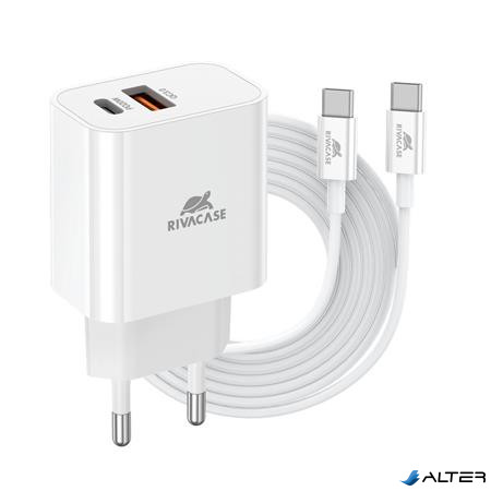 Hálózati töltő, 20W, USB-A és USB-C, USB-C, USB-C/USB-C töltőkábel, RIVACASE "PS4102", fehér