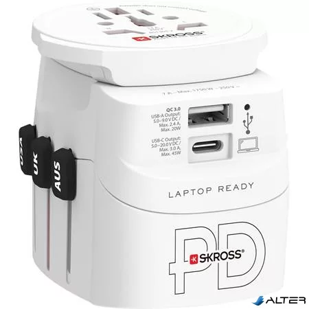 Adapter, világutazóknak, 1xUSB-A, 1xUSB-C PD, 45W, USB-C kábel, SKROSS