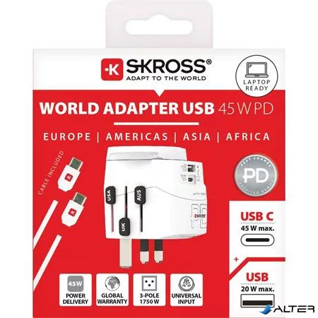 Adapter, világutazóknak, 1xUSB-A, 1xUSB-C PD, 45W, USB-C kábel, SKROSS