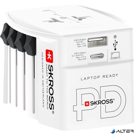 Adapter, világutazóknak, 1xUSB-A, 1xUSB-C PD, 65W, USB-C kábel, SKROSS