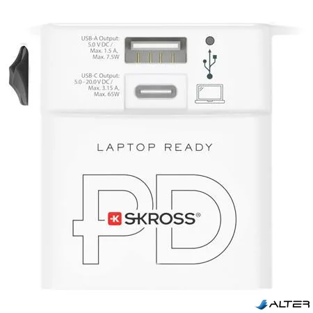 Adapter, világutazóknak, 1xUSB-A, 1xUSB-C PD, 65W, USB-C kábel, SKROSS