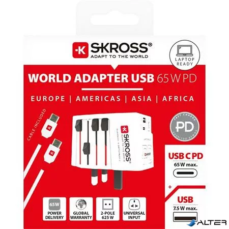 Adapter, világutazóknak, 1xUSB-A, 1xUSB-C PD, 65W, USB-C kábel, SKROSS