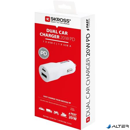 Autós töltő, 1xUSB-A, 1xUSB-C PD, 20W, SKROSS