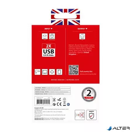 Adapter, Egyesült Királyságba utazóknak, USB, földelt, SKROSS