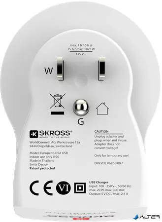 Adapter, Egyesült Államokba utazóknak, USB, földelt, SKROSS