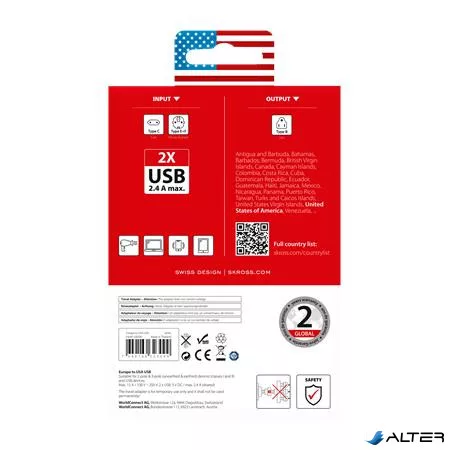 Adapter, Egyesült Államokba utazóknak, USB, földelt, SKROSS