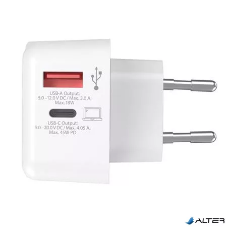 Hálózati töltő, 1xUSB-A, 1xUSB-C, PD, 45W, GaN, USB-C kábel, SKROSS