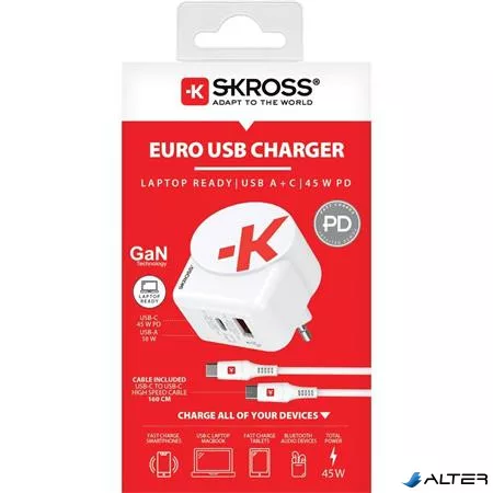 Hálózati töltő, 1xUSB-A, 1xUSB-C, PD, 45W, GaN, USB-C kábel, SKROSS