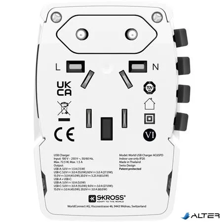Hálózati töltő, világutazóknak, 1xUSB-A, 1xUSB-C PD, 65W, USB-C kábel, SKROSS