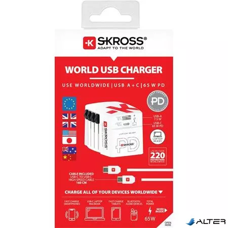 Hálózati töltő, világutazóknak, 1xUSB-A, 1xUSB-C PD, 65W, USB-C kábel, SKROSS