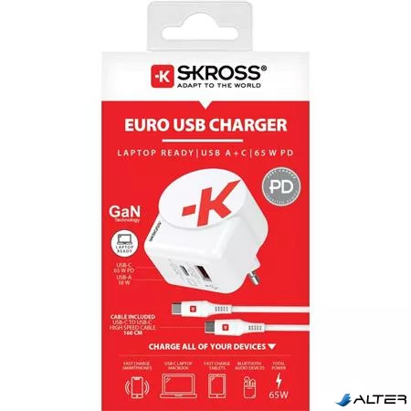 Hálózati töltő, 1xUSB-A, 1xUSB-C, PD, 65W, GaN, USB-C kábel, SKROSS