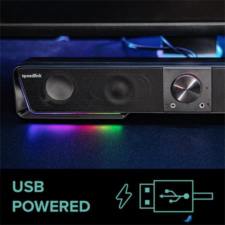 Hangszóró, 12W, 2x3.5 mm jack + USB-A, SPEEDLINK "GRAVITY RGB Stereo Soundbar", fekete