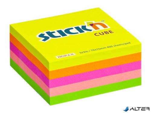 Öntapadó kockatömb, 76x76mm, 400 lap, STICK N, neon szivárvány