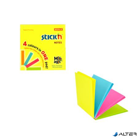 Öntapadó jegyzettömb, 76x76 mm, 100 lap, STICK N 'Magic Pad' neon színek