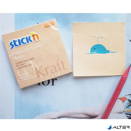 Öntapadó jegyzettömb, 76x76 mm, 100 lap, STICK N "Kraft Notes", barna
