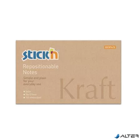 Öntapadó jegyzettömb, 76x127 mm, 100 lap, STICK N 'Kraft Notes', barna