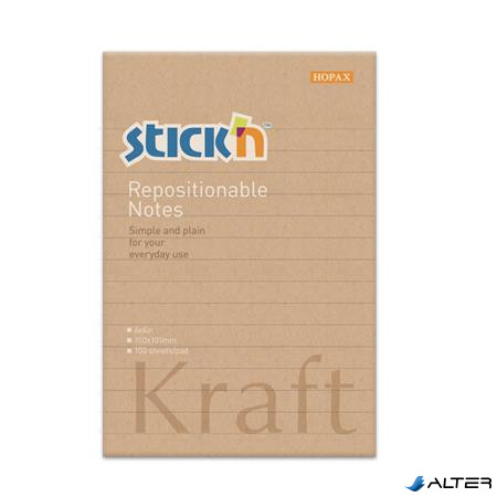Öntapadó jegyzettömb, vonalas, 150x101 mm, 100 lap, STICK N "Kraft Notes"