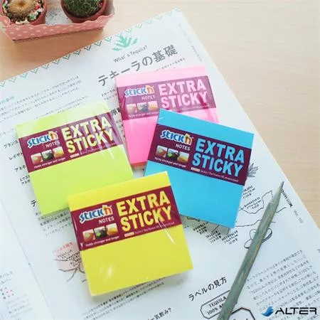 Öntapadó jegyzettömb, 76x76 mm, 90 lap, STICK N 'Extra Sticky', neon sárga