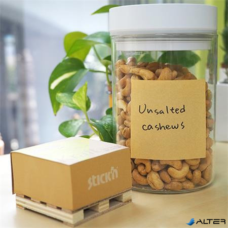 Öntapadó jegyzettömb, 76x76 mm, 400 lap, mini raklap, STICK N "Kraft Cube", barna