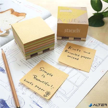 Öntapadó jegyzettömb, 76x76 mm, 400 lap, mini raklap, STICK N "Kraft Cube", barna