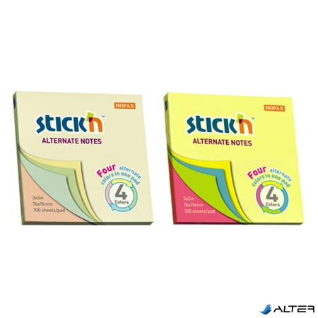 Öntapadó jegyzettömb, 76x76 mm, 100 lap, STICK N, pasztell színek