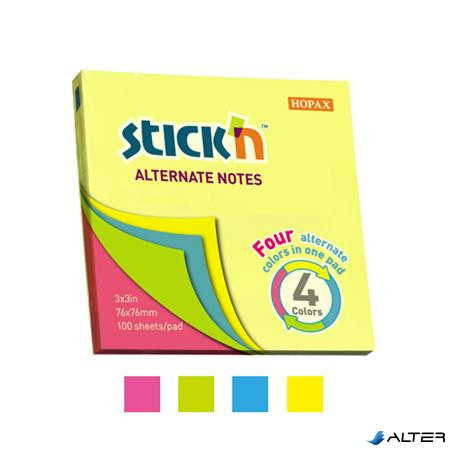Öntapadó jegyzettömb, 76x76 mm, 100 lap, STICK N, neon színek