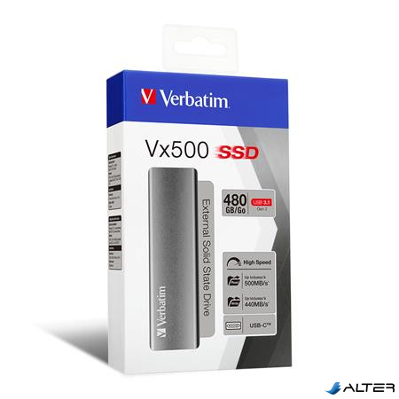 SSD (külső memória), 480 GB, USB 3.2 Gen2, VERBATIM "Vx500", szürke