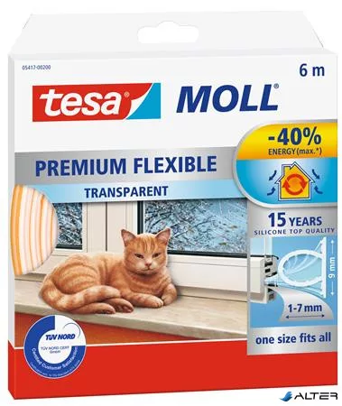 Ajtó- és ablaktömítő szalag, 9 mm x 6 m, TESA 'tesamoll® Premium Flexible', átlátszó