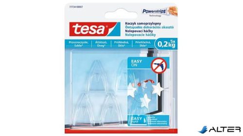 Műanyag akasztó, ragasztócsíkkal, kis méret, TESA "Powerstrips®", átlátszó