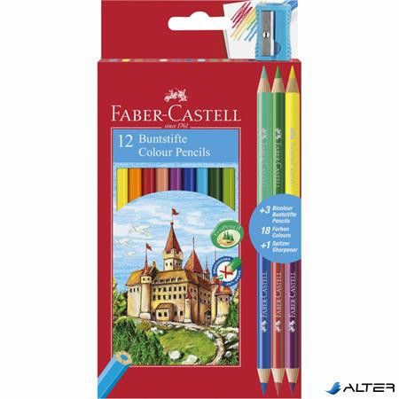 Színes ceruza készlet, hatszögletű, FABER-CASTELL, 12 különböző szín + 3 db bicolor ceruza